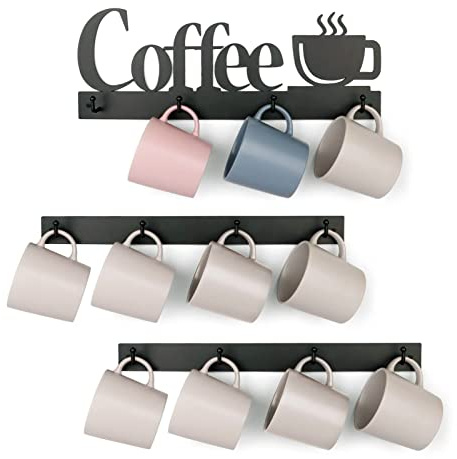 HULISEN Coffee Mug Wall Rack, Coffee Cup Holder Wall Mounted with 12 Heavy Duty Hooks and Metal Coffee Sign, Rustproof Tea Cup Hanger Display Decor for Coffee Bar, Kitchen, Office