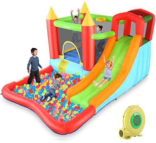 HYPOAI Bounce House,Inflatable Bounce Castle with Blower for Kids 3-12,Outdoor/Indoor Bouncy House Water Park for Backyard with Splash Slide,Climbing Wall,Ball Pit,Jumping Area (146 x 103 x 73)