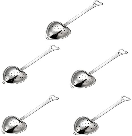 5 Heart Shaped Stainless Steel Tea Strainer - Long Grip for Loose Leaf Tea, Teapot Filter, Cooking Filter, Mulling Spices