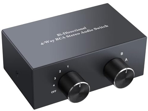PROZOR RCA Audio Switcher 4(2)-In-2(4)-Out Stereo Audio Switch RCA L/R Bi-Directional Audio Switcher with Off Button and No External Power Required for DVD Stereo Speaker CD Player