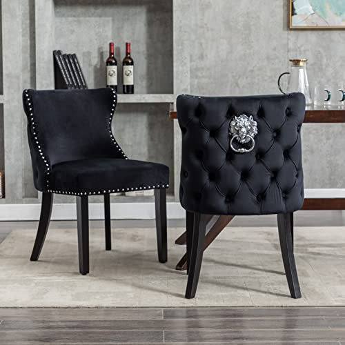 Wahson Esszimmerstühle 2er Set, Sitzfläche aus Samt, Küchenstuhl mit Holzbeine, Polsterstuhl Wohnzimmerstuhl mit Rücklehne, für Esszimmer/Küche, Schwarz