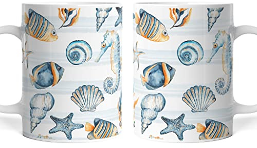 Set Tazze Colazione Estate a Tema Mare con Pesci Coralli Conchiglie Stella Marina e Cavalluccio Marino Mug Caffè Tè in Ceramica (4)