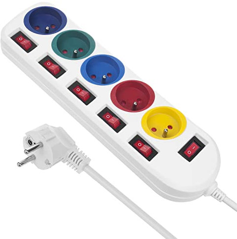 Maclean MCE204 M/W Bloc multiprises Câble d'extension à 5 Prises avec Interrupteurs 250 V AC/10 A 1.5 m