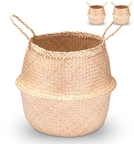 Decorasian Seegras Korb rund geflochten, Körbe zur Aufbewahrung und als Blumenkorb - Übertopf in Bast BZW. Rattan Optik - Seegraskorb mit Henkel zum Tragen - Wäschekorb - 2 Stück 40cm
