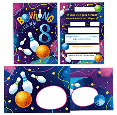 Junapack 12 Einladungskarten incl. 12 Umschläge zum 8. Kindergeburtstag Bowling Kegeln achte Geburtstag Mädchen Jungen
