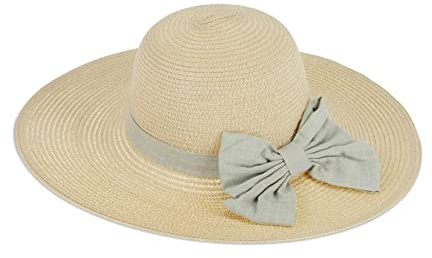 Relaxdays Strohhut, Damen, eleganter Sonnenhut mit Karierter Schleife, für Kopfumfang: 56 cm, Schlapphut Sommer, beige