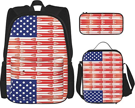 BAAROO Rucksack Sets 3-teilig Schultasche Jungen Teens (USA Lacrosse Sticks Flag) Buch Tasche Mittagessen Tasche Federmäppchen Niedlich College Arbeit, farbe, 5.0cm*10.5cm*20.5cm, federmäppchen