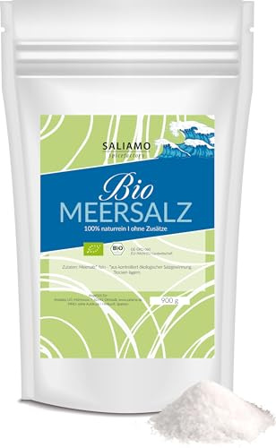 Saliamo | 900g BIO Meersalz fein, feines BIO Meersalz aus Spanien, Natursalz ohne Zusätze, unraffiniert, nicht jodiert, ohne Rieselhilfe, Premium Naturprodukt mit feiner Körnung