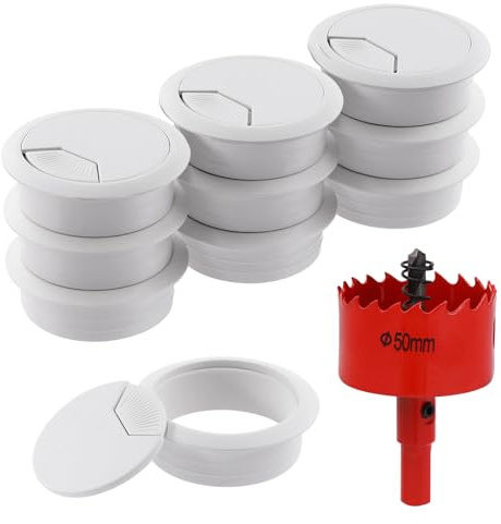 Glarks 11Pcs White Desk Grommet 1-31/32inch Desk Adjustable Cable Hole Covers with 1Pc Hole Saw, Table Wire Cable Ring Hole Cover for Office and Home Table Cable