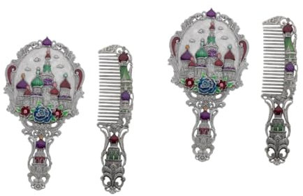 Ipetboom 2sätze Retro Handspiegel Und Kamm Set Mit Präge-Design Tragbares Kosmetikset Für Damen Vintage Handspiegel Und Kamm Für Unterwegs Für