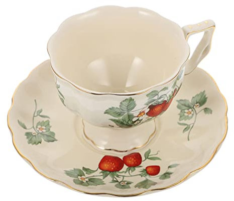MAGICLULU Retro Coffee Cup and Saucer Set European Style Ceramic Tea Cups with Strawberry Footed Design for Home and Café Use