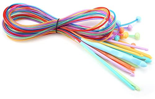 Glomora Häkelnadeln Set, 12 Stück Tunesische Häkelnadel mit Seil 3,5-12 mm Bunt Kunststoff Tunesisch Häkelnadeln Set für Häkelanfänger oder Profis