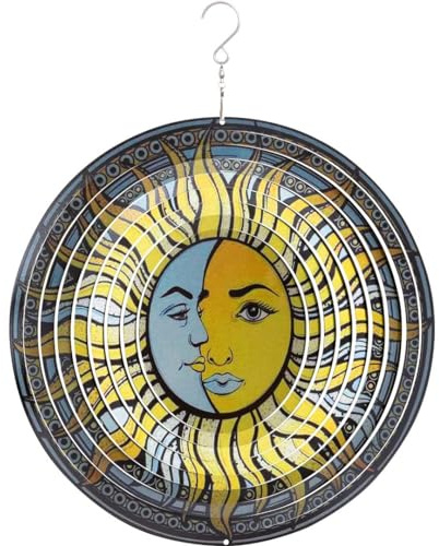 Kinetic Art Windspiel Metall – leicht rotierendes 3D Hängewindspiel - Edelstahl inkl. Aufhängung und Wirbel, wetterbeständig, attraktive Heimdeko für Fenster und Garten (Sun & Moon)