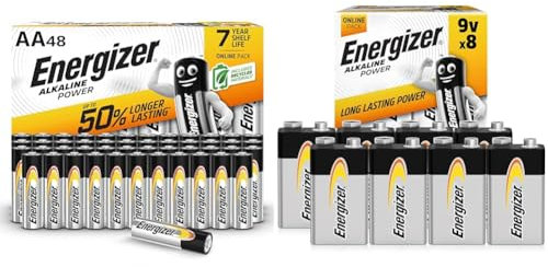 Energizer AA Batteries, Alkaline Power, 48 Pack, Double A Battery Pack - Amazon Exclusive (Packaging may vary) & 9V Battery Pack, Alkaline Power, Amazon Exclusive, 8 Pack