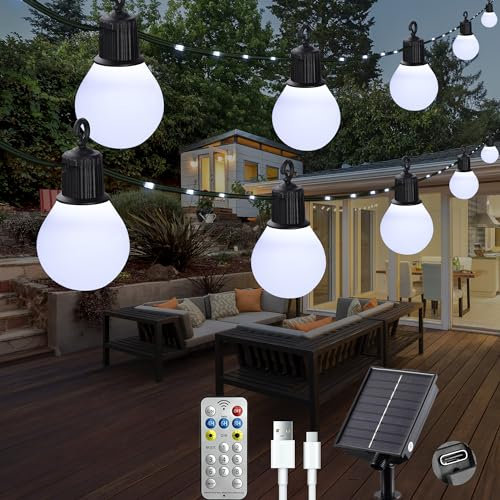 Litark Catena Luminosa Esterno Solari con 20 G40 Lampadine, 10M 100 LED Luci Esterno Solari con Telecomando, Impermeabile, 8 Modi, Decorative Per Giardino, Patio (Bianco Freddo)