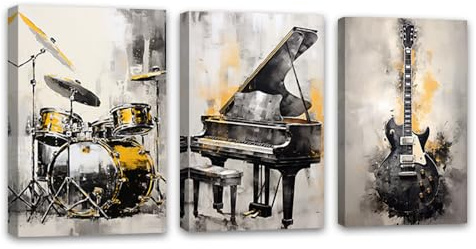 ZQQART Musik Leinwand Wandbild 3 Teilig Klavier Gitarre Trommel Bild Drucke Abstrakt Musikinstrumente Gemälde Kunstwerk Musikzimmer Rahmen(Musik -3,30x40cmx3 Pieces)