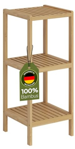 Bellamio Newa Badregal Bambus, 3 Ablagen, Natur, 33 cm breit, lackiert | Badezimmerschrank, schmales Standregal, offener Badschrank, Holzregal für Badezimmer, Badezimmermöbel 80x33x33 cm, Badmöbel
