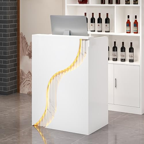 Moderner Empfangstresen-Schreibtisch für Kasse in hellweißem Holz, Büroschreibtisch für Empfangsbereich im Büro, Schönheitssalon oder Lobby, offenes Design, 61 x 40 x 96 cm