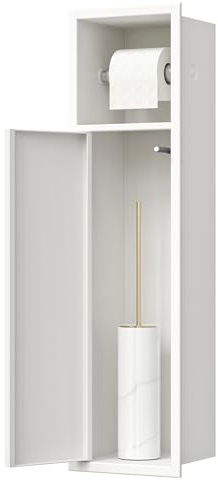 Neodrain Unterputz-Toilettenpapierhalter 304 Edelstahl Wandnische mit Tür für Klobürstengarnitur, Papieraufbewahrung, 63x15x15 cm, Weiß