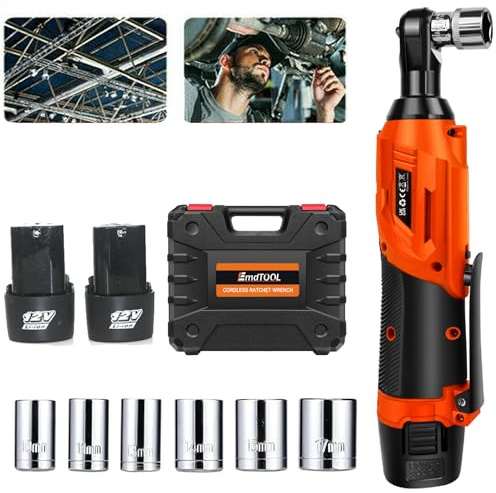 DayPlus Llave de carraca con batería, 2300 RPM 12V Destornillador de carraca eléctrico potente con 7 llaves de vaso, 2 x 1,5Ah baterías de iones de litio y cargador rápido, Naranja