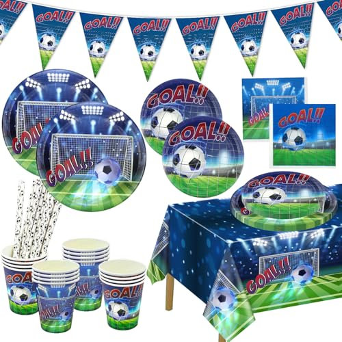 Decorazioni per feste di calcio, 102 pezzi, calcio, compleanno, feste, tovaglioli, tovaglioli, tovaglia e striscioni per uomini, ragazzi, compleanni, partite di calcio, festa
