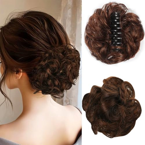 UHOMENY Messy Claw Clip Hair Bun with Wavy Curly Synthetic Extensions (Brown)