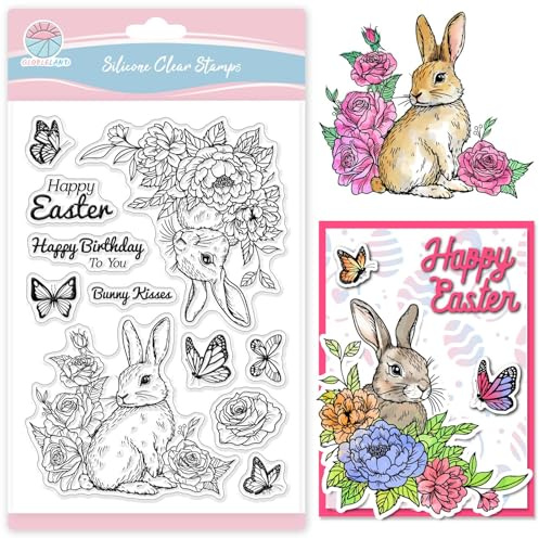 GLOBLELAND Frühling Transparente Stempel Mit Osterhasen Motiv Zum Gestalten von Karten Blumen Ecken Silikon Transparentstempel Grüße Frohe Ostern Transparente Stempel Siegel Für DIY Scrapbooking