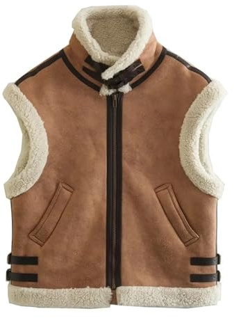 Damen Wildleder-Sherpa-Weste, ärmellos, Kunstfelljacke, Reißverschluss, ärmellos, Lammwollfellmantel