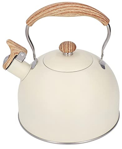 2.5L Stovetop Kettle Cream Whistling Kettle for Gas Hob Stainless Steel Camping Kettle with Wooden Handle Tea Kettle Beige Pink Whistling Kettle for Gas Stove