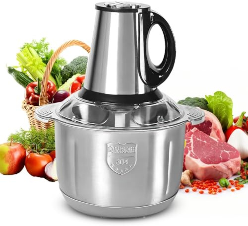 Picadora eléctrica con cuenco de acero inoxidable 5L, picadora de carne de 500 W con 5 cuchillas de acero inoxidable, batidora pequeña con 3 niveles de velocidad, para picar carne, cebolla, huevos