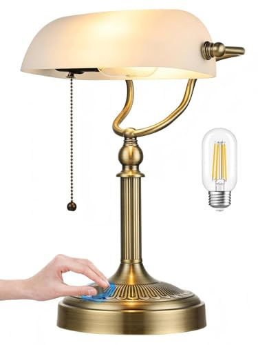 Newrays Weiß Mattierte Stufenlos Dimmbare Banker Schreibtischlampe aus Glas | Tischlampenstopfen für Studien Home Office Bibliothek, LED Glühbirne inklusive