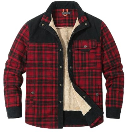 HYPESTFIT Mens Jacket Flannel Fur Lined Button Warm Lumberjack Fleece Padded Long Sleeve Casual Red L