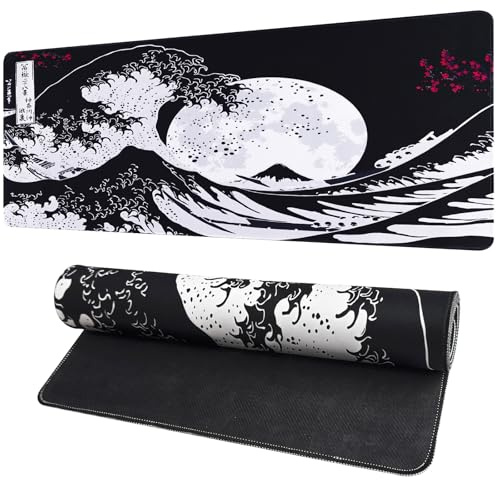 Vanzard Japanese Mouse Pad, Black Anime Gaming Mousepad Non-Slip Rubber Base with Stitched Edges, Keyboard Pad Desk mat for Home/Office/School, 31.5 x 11.8 Inch