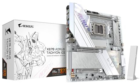 GIGABYTE X870 AORUS Tachyon Ice Carte Mère – Compatible avec Les processeurs AMD Ryzen 9000, VRM numérique 18+2+2 Phases, jusqu'à 9600 MHz DDR5 (OC), 1 x PCIe 5.0 + 2 x PCIe 4.0, Wi-FI 7, LAN 5 GbE