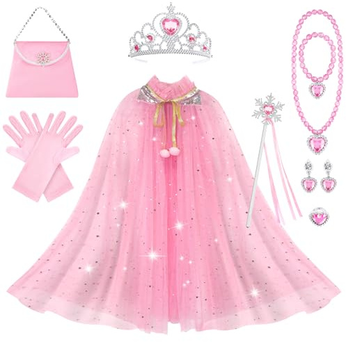 AOOWU Prinzessin Umhang Kinder Mädchen, 11PCS Prinzessin Kostüm mit Krone,Zauberstab,Handschuhe,Halskette,Ring Ohrringe,Armband,Taschen, Halloween Kostüm Umhang,für Karneval Cosplay Party(L)