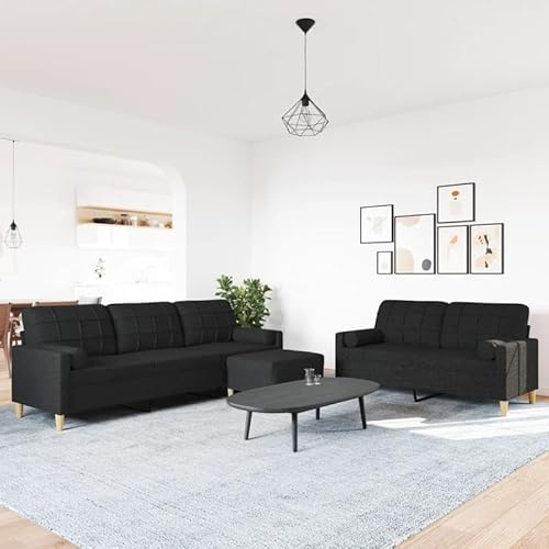 Eleganz 3-TLG. Sofagarnitur mit Fußhocker & Dekokissen - Futon-Garnitur für Wohnzimmer oder kleine Räume, bequem & platzsparend, schwarzer Stoff