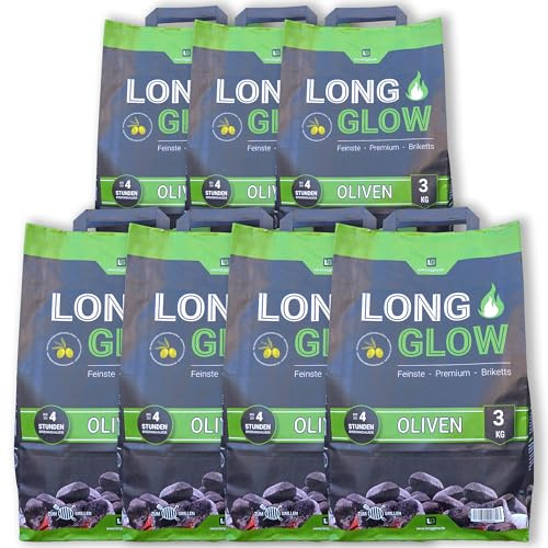 Long Glow® Grillbriketts 21 kg Oliven Premium Briketts - bis 4h Brenn- & Glutdauer - nachhaltige Grillkohle mit hoher Hitze für Grill, Smoker, Pizzaofen & Dutch Oven | 7 x 3 kg | Energie Kienbacher