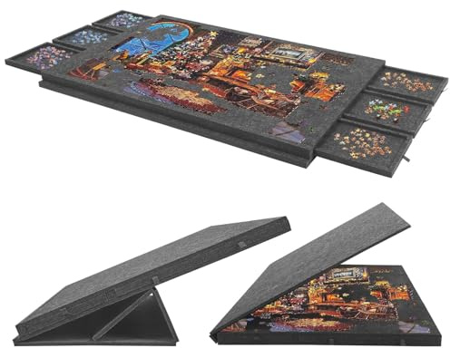 Puzzletisch 1500 Teile, Puzzlebrett mit 6 Schubladen, Kippbares Puzzle Board mit 2-in-1-Ständer und Abdeckung, Superleichtes Filz Puzzle Table für Erwachsene und Kinder, Tragbarer Puzzleplatte