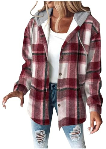 Chanpning Veste À Carreaux Femme Chic Manteau Bûcheron Chemisier Manches Longues Chaud Surchemise Boutonnée Blouse Avec Capuche Carreaux Veste Hiver Surdimensionnée Vintage Casual Chemise