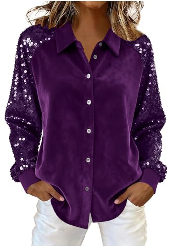 Damen Pailletten Bluse Elegant Button Down Glitzer Langarmshirt Sexy V-Ausschnitt Langärm Pailletten Oberteil mit Knöpfen Bluse Tunika Party Tops Festliches Hemdbluse Große Größen Party Cocktail