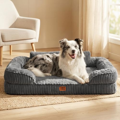 EHEYCIGA Orthopädisches Hundebett Mittelgroße Hunde, 91x68cm, Grau | Memory Foam Waschbar Hundekorb mit erhöhter Rückenlehne, Hundesofa Cord Hundecouch Wasserdicht Rutschfest