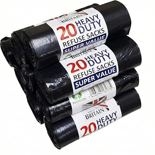 Pandax 100 x Heavy Duty Bin Liner Bags Refuse Sacks 29 x 34 Black Plastic Rubbish Bags for Household Waste Kitchen Office Garden Industrial Use Tear Resistant Waste Liners