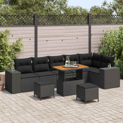 QUAHEAS Gartensofa-Set 9-teilig Schwarz aus Poly-Rattan, Modulares Loungesofa mit Verstellbarem Tisch, UV-beständig, Stauraum für Terrasse und Balkon