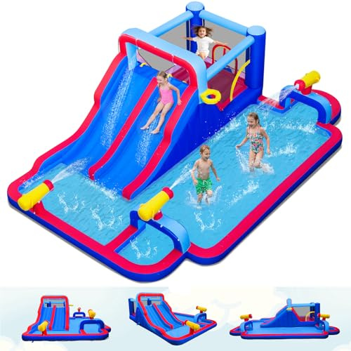 GOPLUS 7 en 1 Chateau Gonflable Exterieur avec Mur d'escalade, Canons à Eau, Piscine et Toboggan Aquatique, Structure Gonflable Enfants, Charge 90KG,pour Enfants 3-12 Ans
