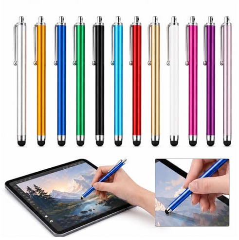 12 Lápices Táctiles Capacitivos Universales, Stylus con Punta de Goma para Pantallas Táctiles, Compatible con Tabletas, Smartphones y Dispositivos Táctiles, Multicolor