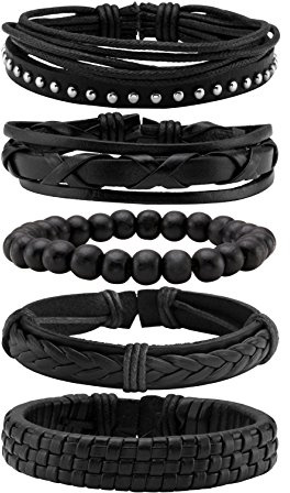 MILAKOO Bracciale in pelle nera intrecciata per uomo e donna Bracciale regolabile con perline di legno