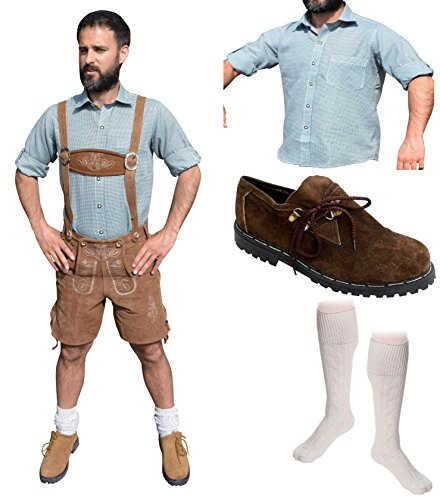 Traditionell herrdräkt set E 5-delad traditionell läderbyxa x kort x ljusbrun 46-60 traditionell skjorta skor strumpor oktoberfest, Ljusbrun, one size