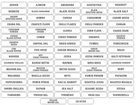 Asian and Indian Spice Storage Jar Kitchen Labels, Clear with Black Text, 51x10mm Stickers, 77 Count