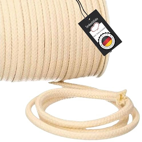 Turnbeutelliebe® Baumwollkordel 8mm Natur - robuste Bastelschnur Meterware - Dickes Baumwollseil für Turnbeutel, Taschen & Hosen - geflochtene Schnur individuell zuschneidbar - Makramee-Kordel rund
