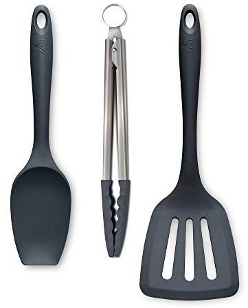 Zeal JSET27T Non-Stick Silicone Spatula Spoon, Cooking Tongs & Turner 3-Piece Set-Dark Grey